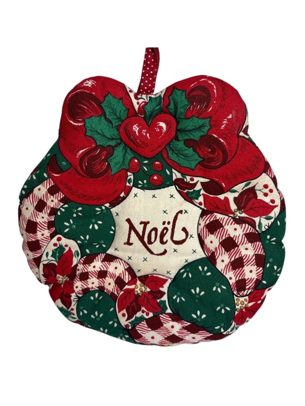 Christmas Wreath Shaped Potholder Quilted Noel Print & Polka Dot Back 8"